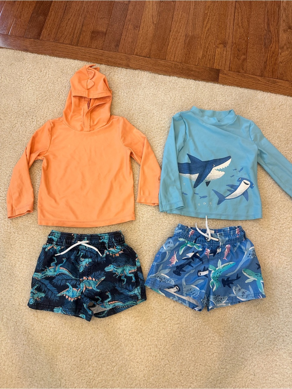 Kids Long-Sleeve Swim Rashguard Set - Orange Hoodie & Blue Shark Top